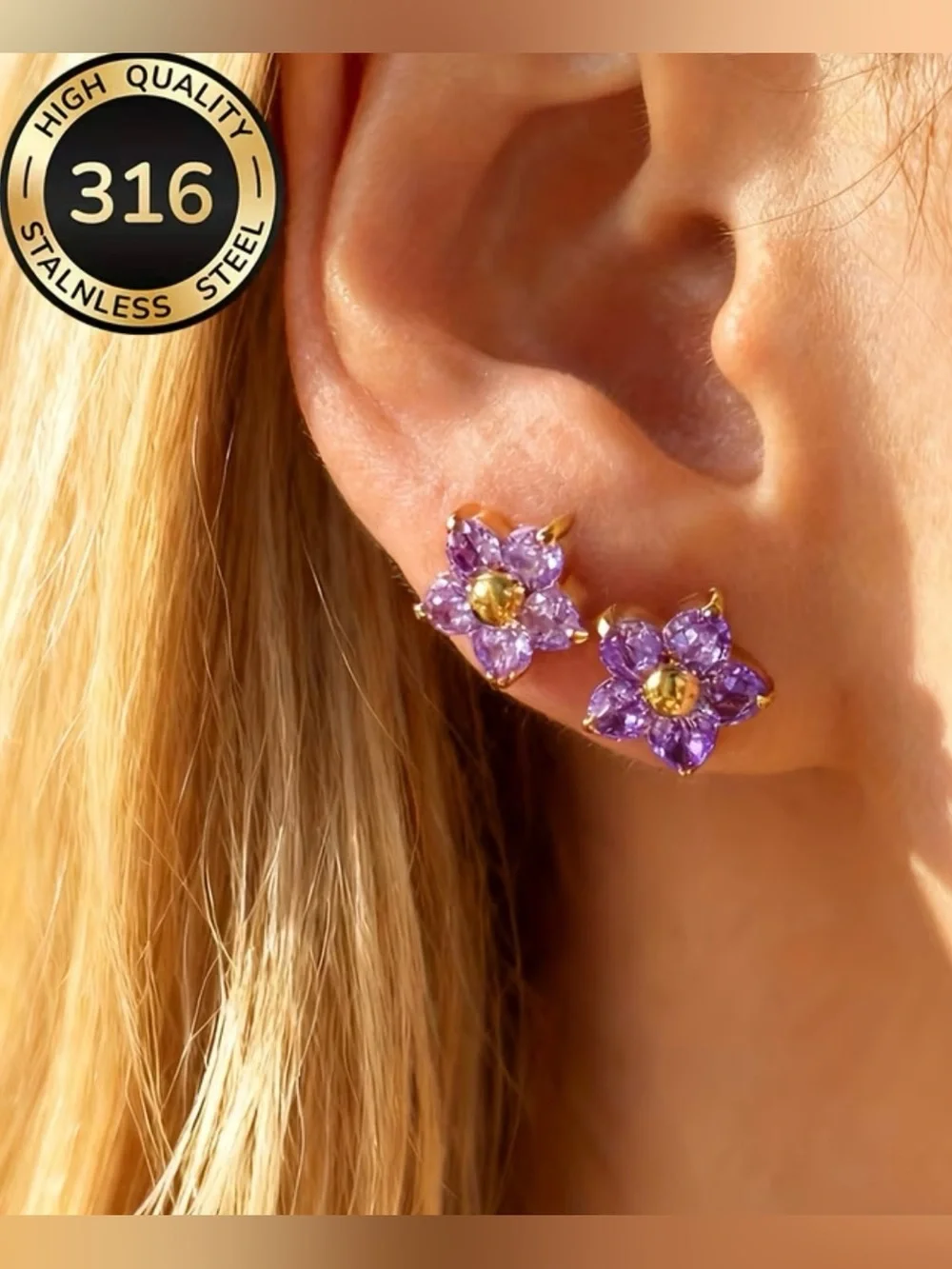 NEW! Elegant Gold-Plated Flower Stud Earrings with Purple Gem Petals 🌸